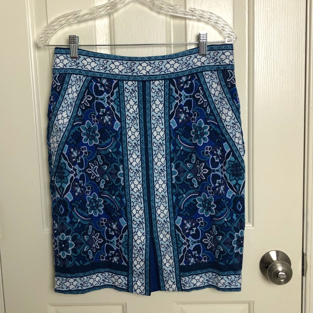 LOFT Blue Patterned Midi Pencil Skirt